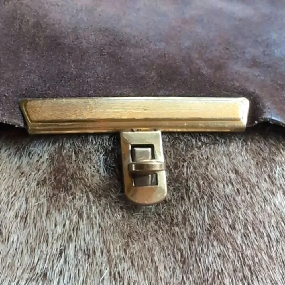 60's Vintage Brown Suede- Hair On Hide Brass Turn Lock Hip Crossbody Bag